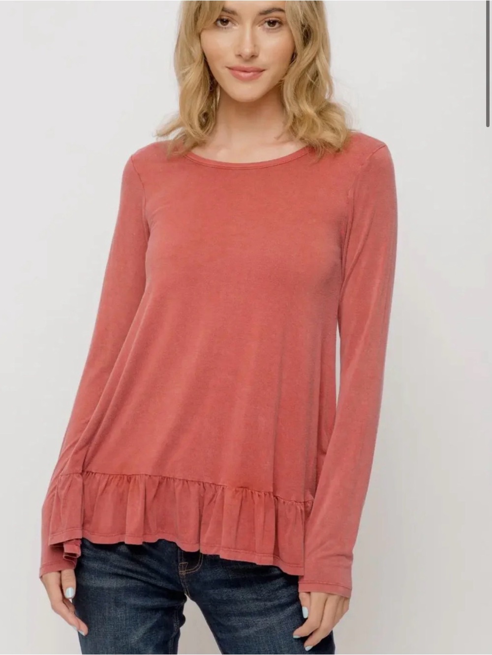 Easel Boutique Women's Long-Sleeve Ruffle Hem Top - Dusty Rose - Medium